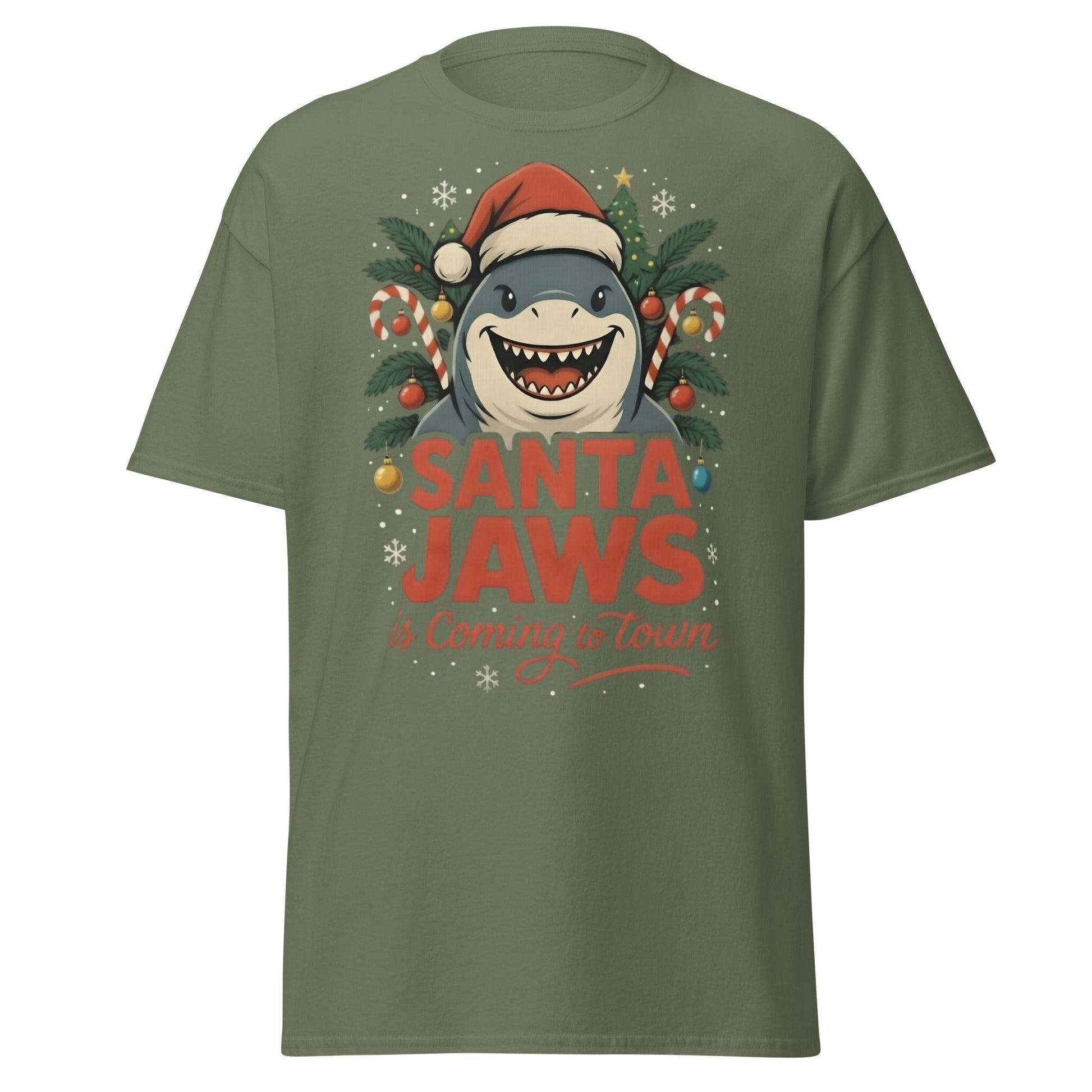 Santa Jaws Is Coming To Town T-Shirt | Funny Christmas Shark - Military Green - T-Shirts Online