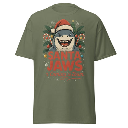 Santa Jaws Is Coming To Town T-Shirt | Funny Christmas Shark - Military Green - T-Shirts Online