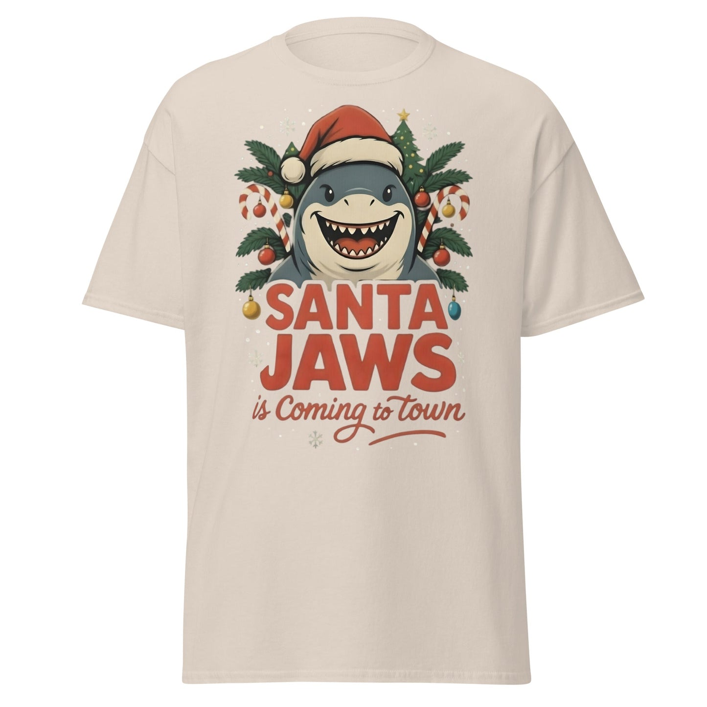 Santa Jaws Is Coming To Town T-Shirt | Funny Christmas Shark - Natural - T-Shirts Online