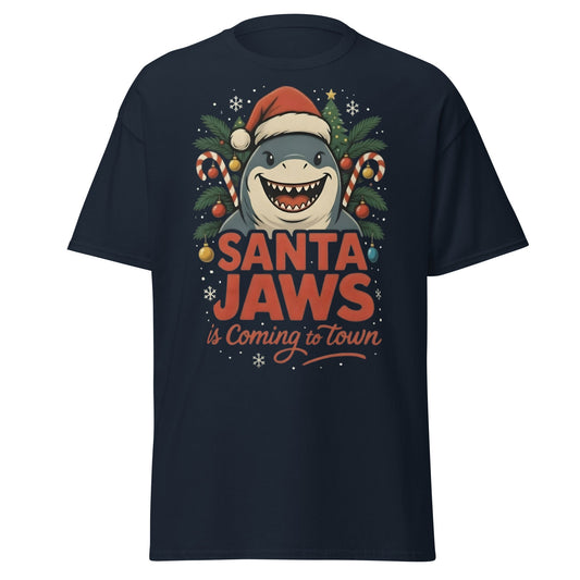 Santa Jaws Is Coming To Town T-Shirt | Funny Christmas Shark - Navy - T-Shirts Online