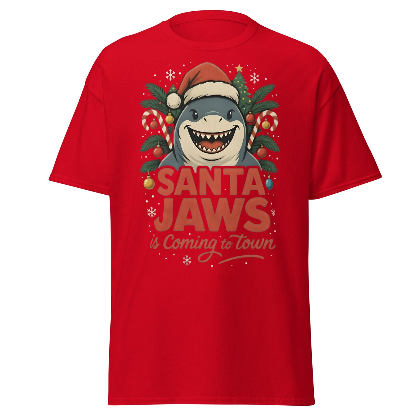Santa Jaws Is Coming To Town T-Shirt | Funny Christmas Shark - Red - T-Shirts Online