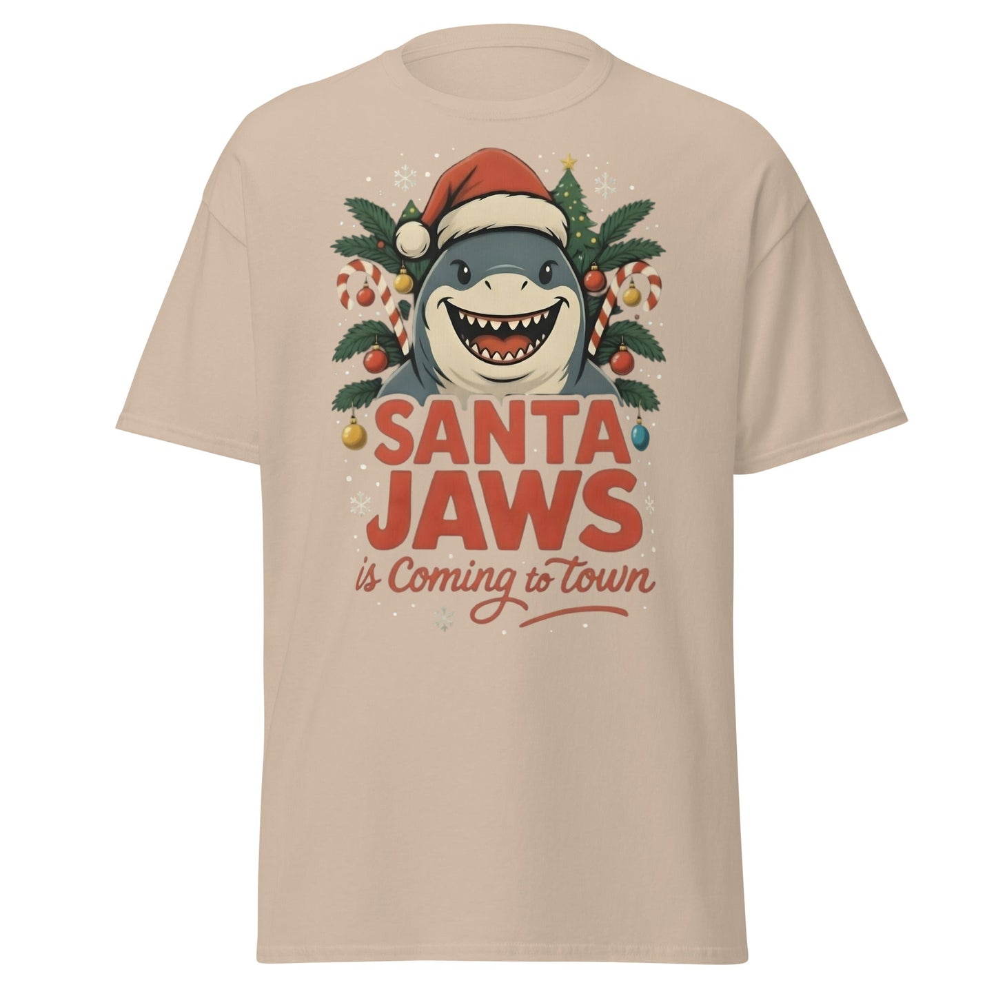 Santa Jaws Is Coming To Town T-Shirt | Funny Christmas Shark - Sand - T-Shirts Online