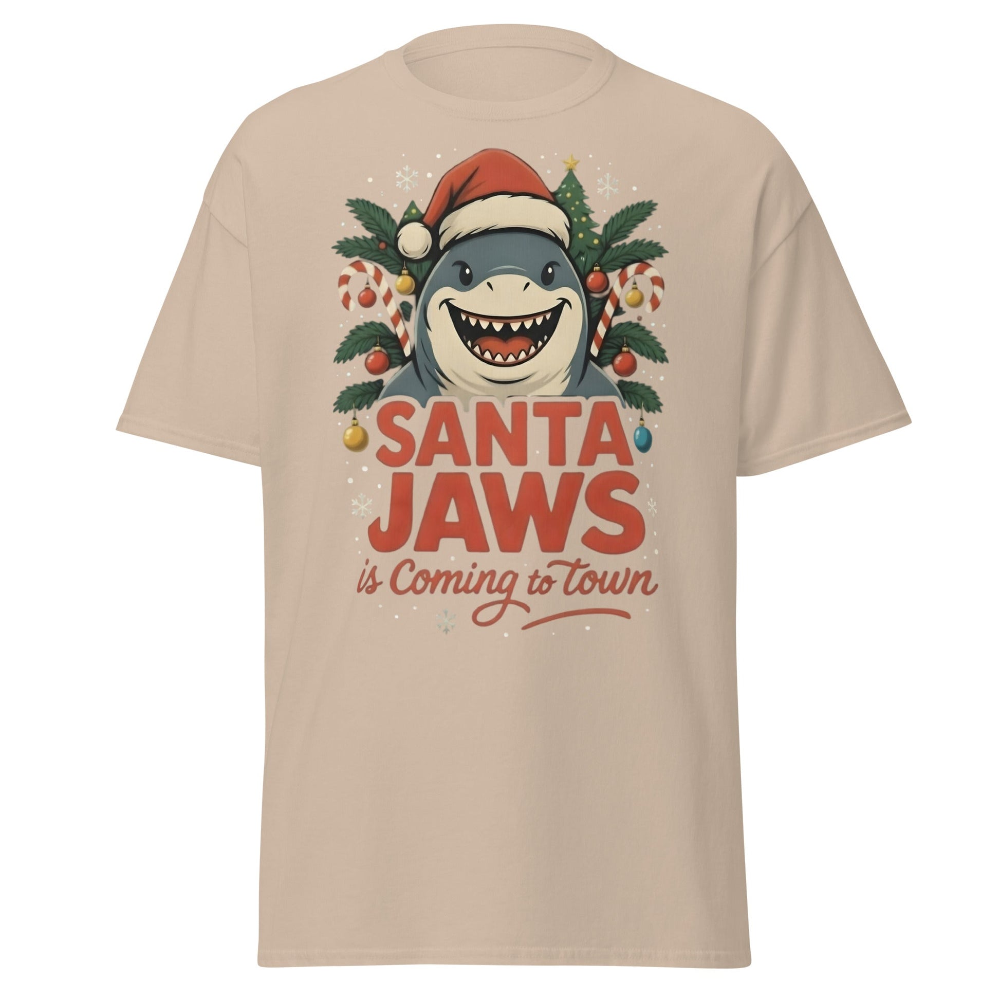 Santa Jaws Is Coming To Town T-Shirt | Funny Christmas Shark - Sand - T-Shirts Online