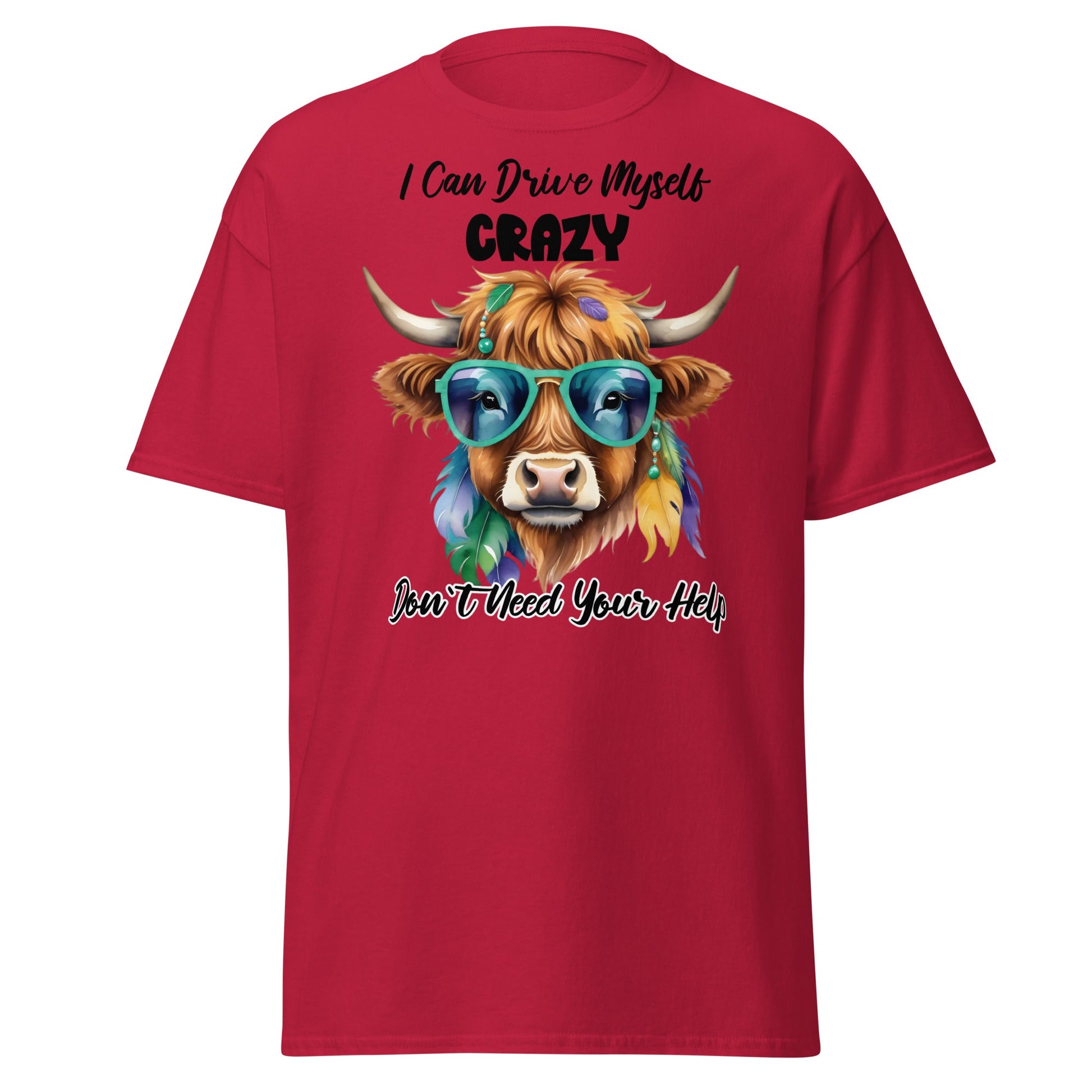 Sassy Highland Cow T-Shirt: Drive Myself Crazy Tee - Cardinal - T-Shirts Online