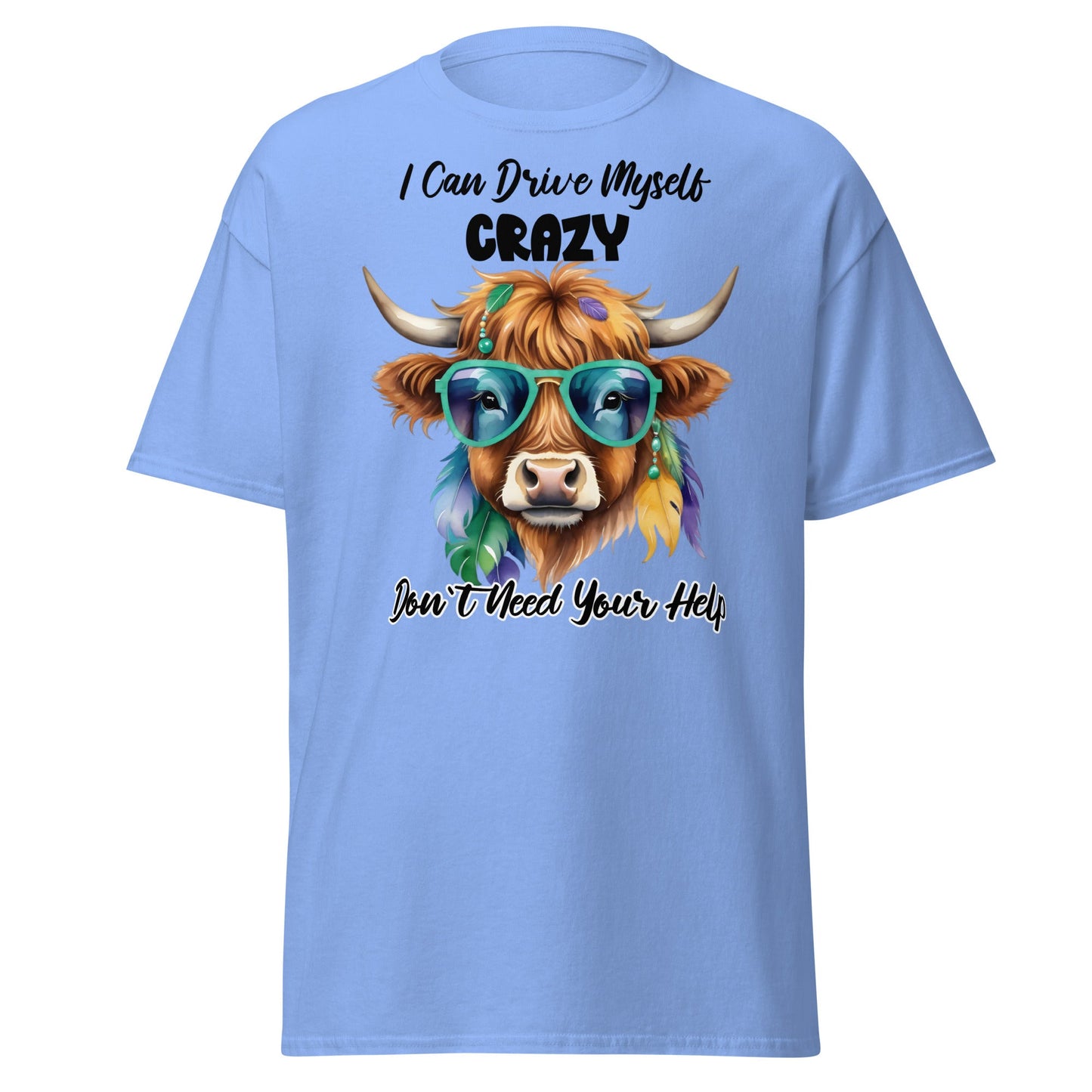 Sassy Highland Cow T-Shirt: Drive Myself Crazy Tee - Carolina Blue - T-Shirts Online