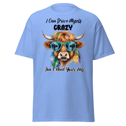 Sassy Highland Cow T-Shirt: Drive Myself Crazy Tee - Carolina Blue - T-Shirts Online