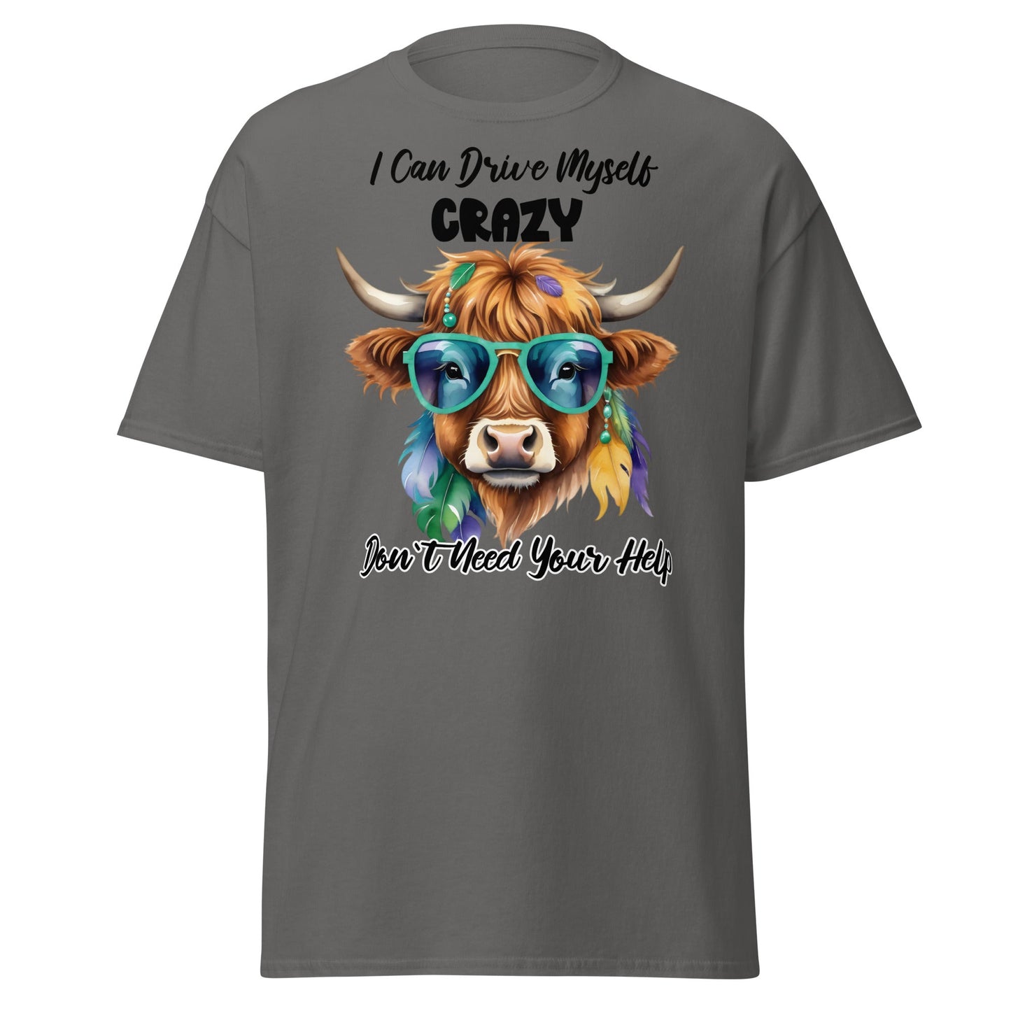 Sassy Highland Cow T-Shirt: Drive Myself Crazy Tee - Charcoal - T-Shirts Online
