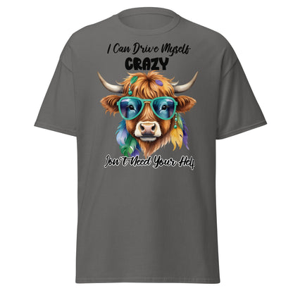 Sassy Highland Cow T-Shirt: Drive Myself Crazy Tee - Charcoal - T-Shirts Online