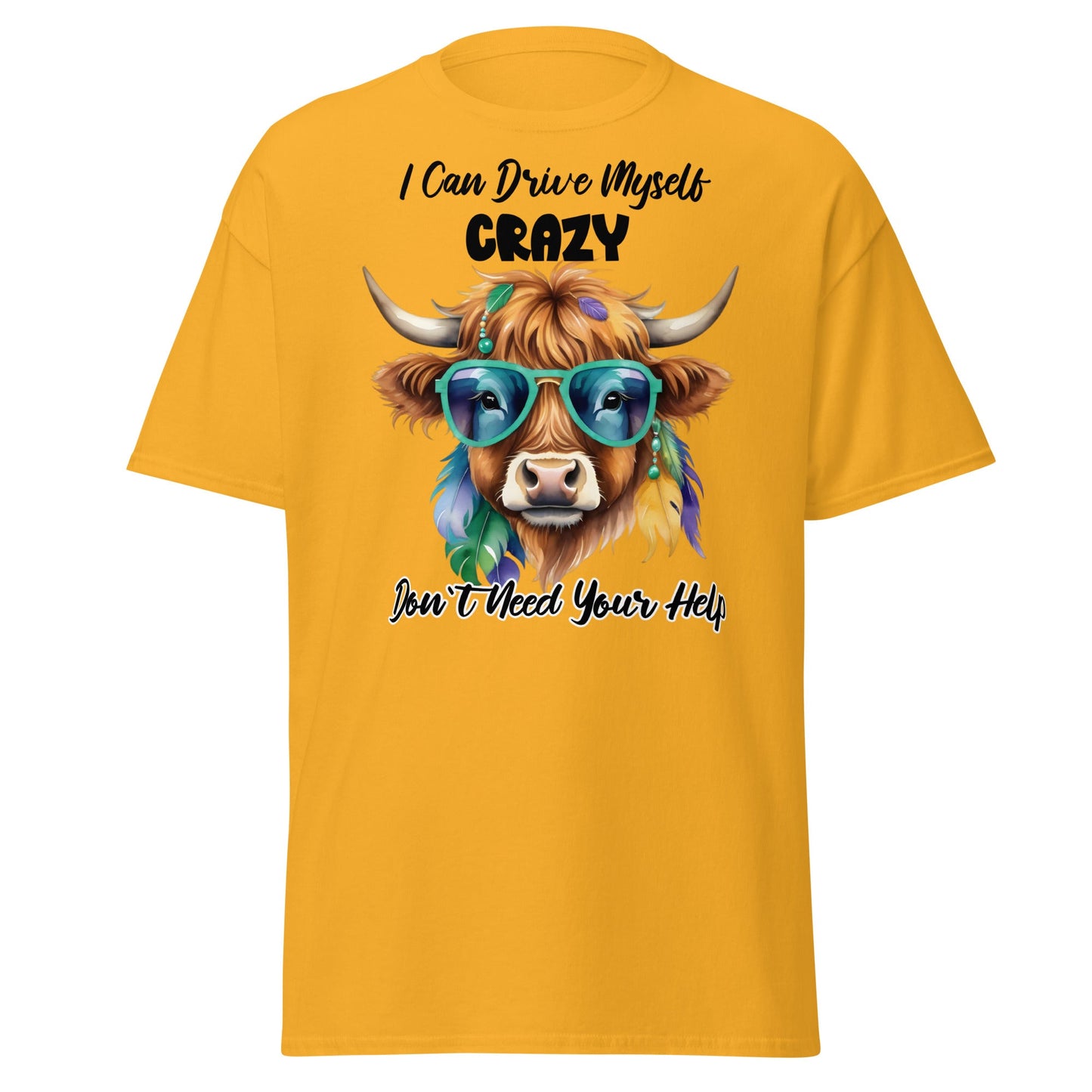 Sassy Highland Cow T-Shirt: Drive Myself Crazy Tee - Gold - T-Shirts Online