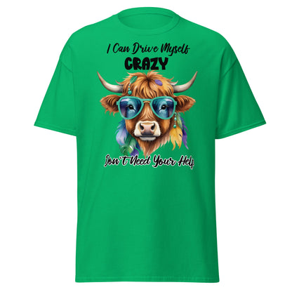 Sassy Highland Cow T-Shirt: Drive Myself Crazy Tee - Irish Green - T-Shirts Online