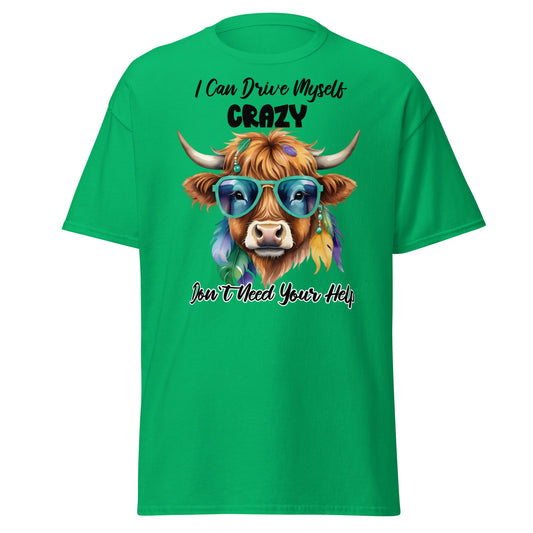 Sassy Highland Cow T-Shirt: Drive Myself Crazy Tee - Irish Green - T-Shirts Online