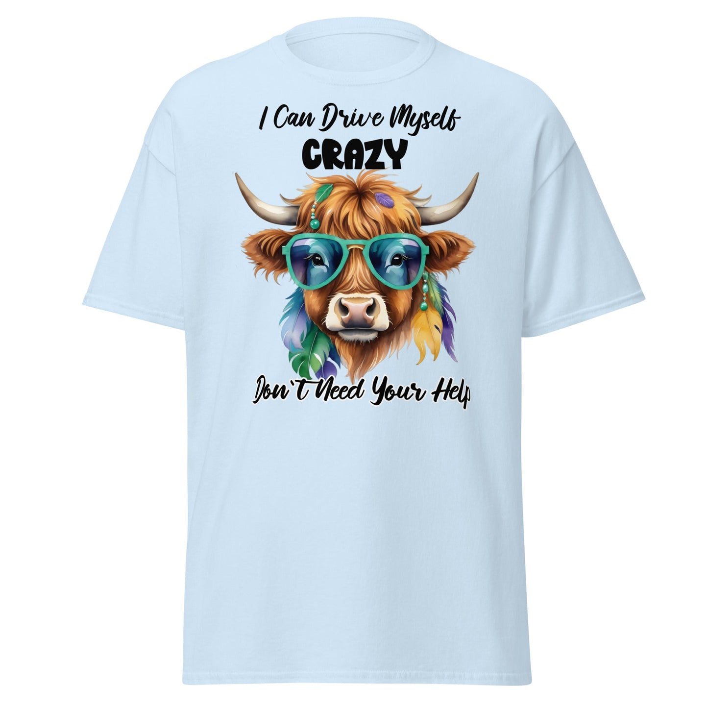 Sassy Highland Cow T-Shirt: Drive Myself Crazy Tee - Light Blue - T-Shirts Online