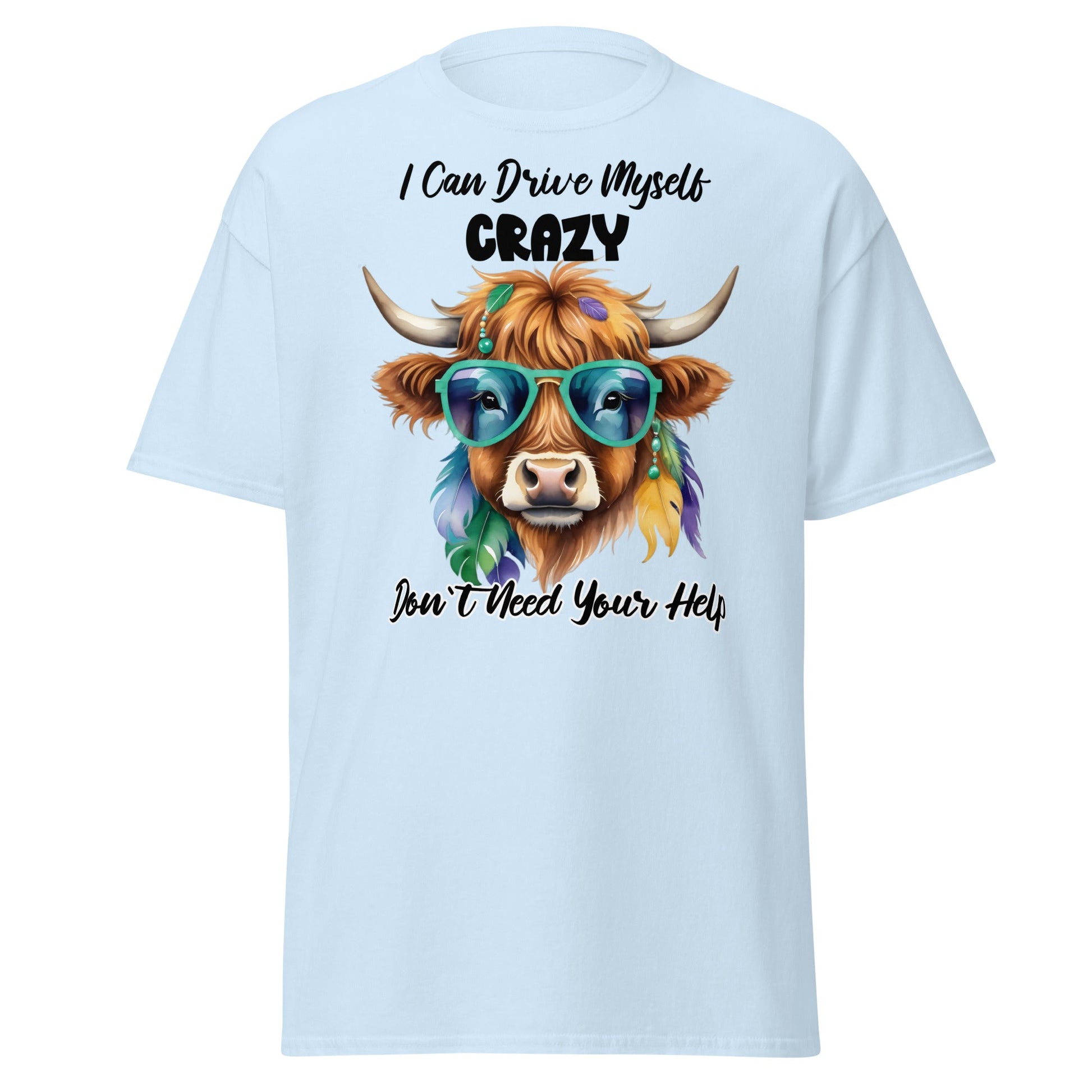 Sassy Highland Cow T-Shirt: Drive Myself Crazy Tee - Light Blue - T-Shirts Online