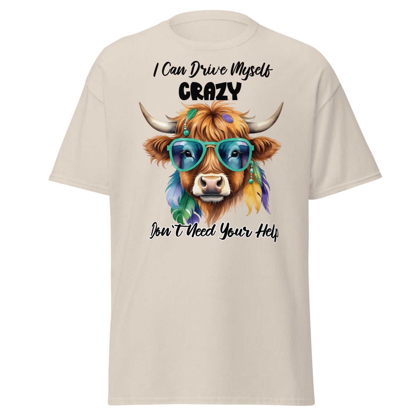 Sassy Highland Cow T-Shirt: Drive Myself Crazy Tee - Natural - T-Shirts Online