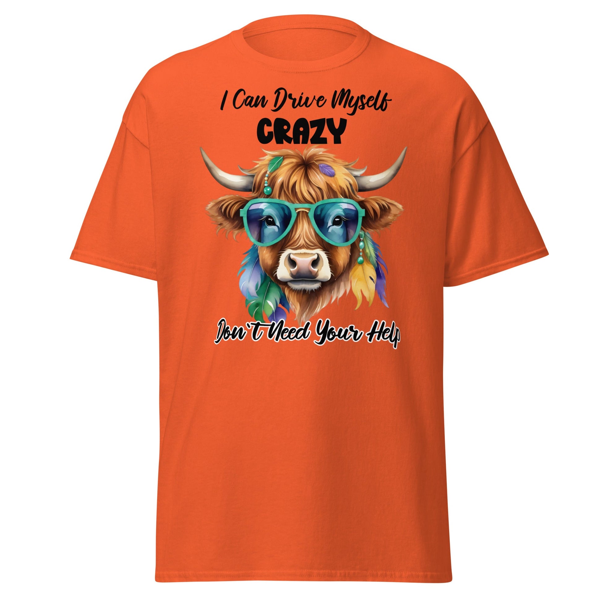Sassy Highland Cow T-Shirt: Drive Myself Crazy Tee - Orange - T-Shirts Online