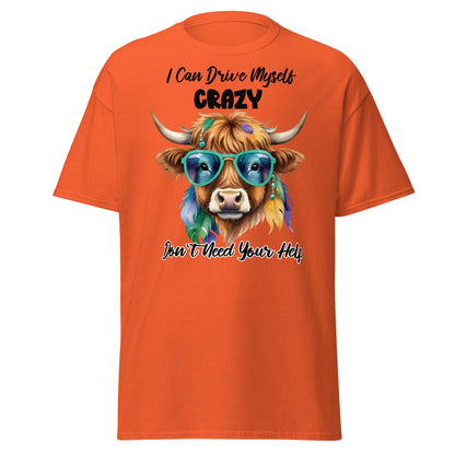 Sassy Highland Cow T-Shirt: Drive Myself Crazy Tee - Orange - T-Shirts Online