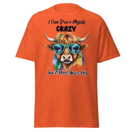 Sassy Highland Cow T-Shirt: Drive Myself Crazy Tee - Orange - T-Shirts Online