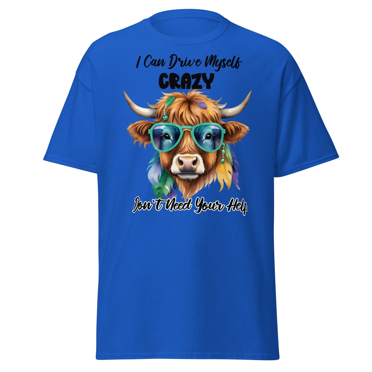 Sassy Highland Cow T-Shirt: Drive Myself Crazy Tee - Royal - T-Shirts Online