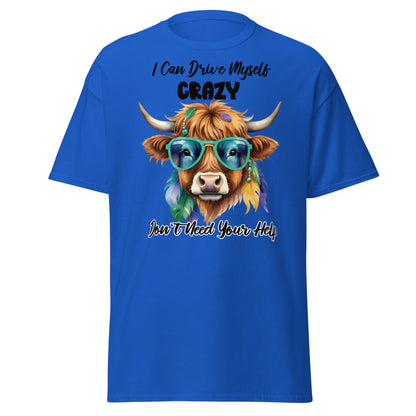 Sassy Highland Cow T-Shirt: Drive Myself Crazy Tee - Royal - T-Shirts Online