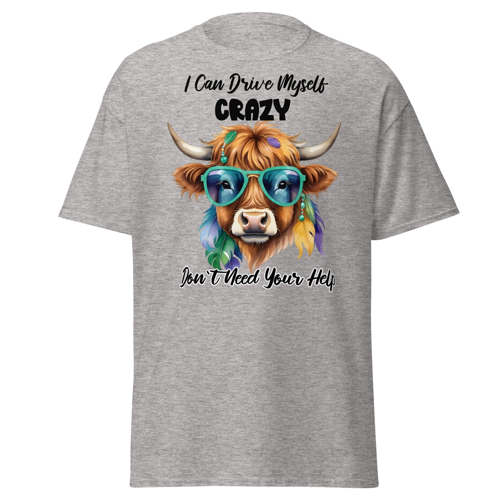 Sassy Highland Cow T-Shirt: Drive Myself Crazy Tee - Sport Grey - T-Shirts Online