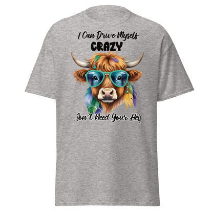 Sassy Highland Cow T-Shirt: Drive Myself Crazy Tee - Sport Grey - T-Shirts Online
