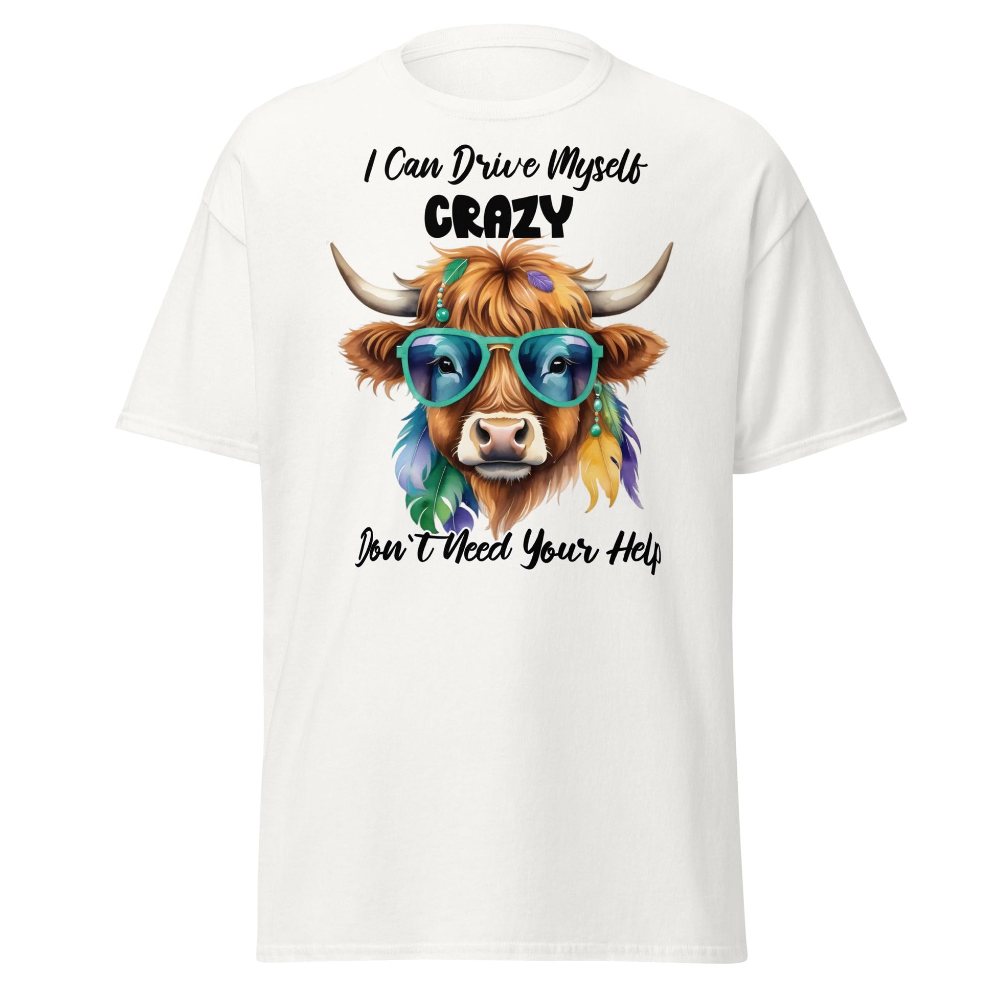 Sassy Highland Cow T-Shirt: Drive Myself Crazy Tee - White - T-Shirts Online