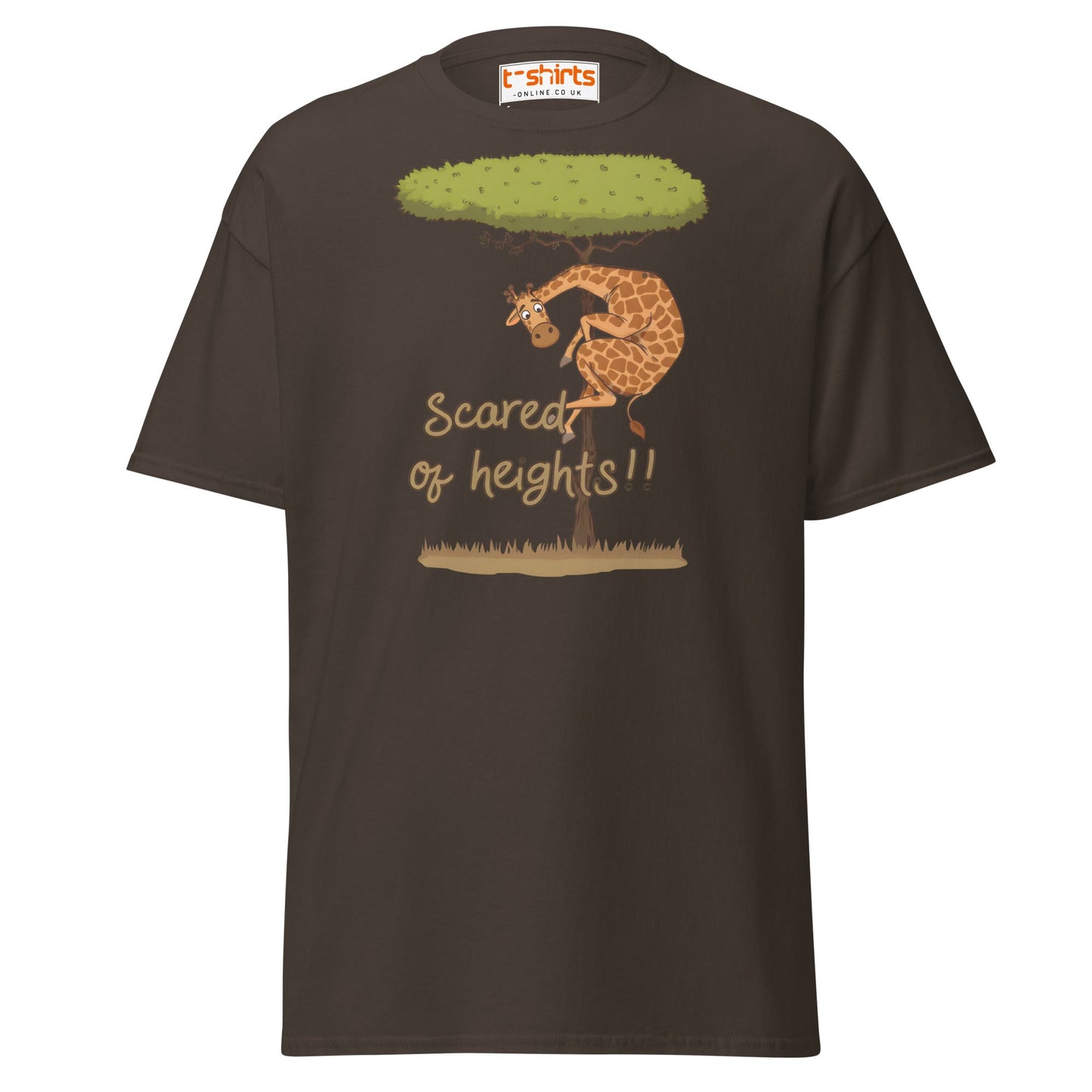 Scared of Heights Giraffe T-Shirt – Funny Animal Tee - Dark Chocolate - T-Shirts Online