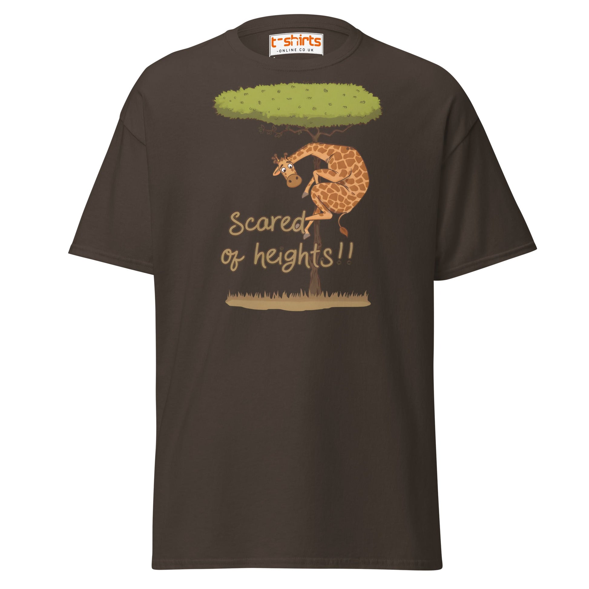 Scared of Heights Giraffe T-Shirt – Funny Animal Tee - Dark Chocolate - T-Shirts Online