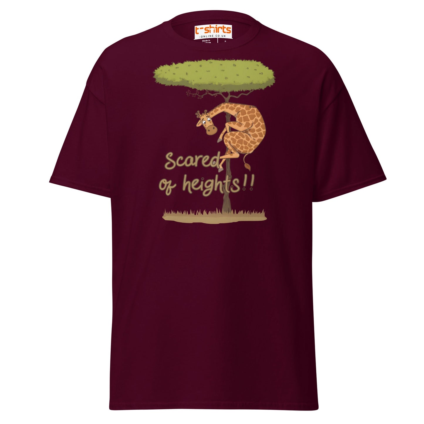 Scared of Heights Giraffe T-Shirt – Funny Animal Tee - Maroon - T-Shirts Online