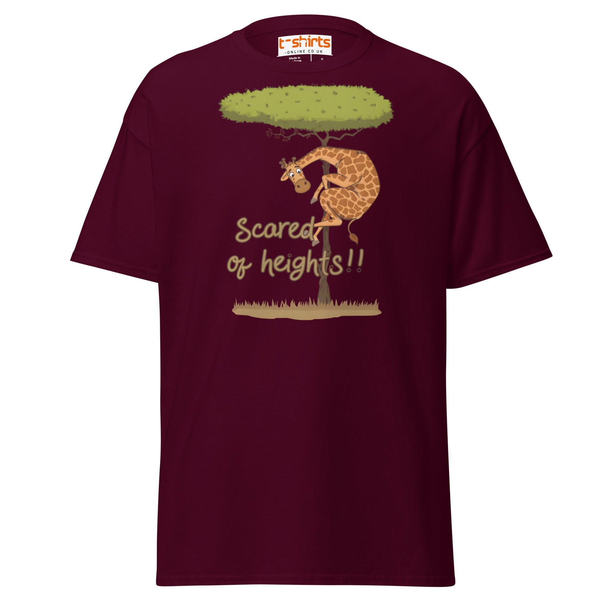 Scared of Heights Giraffe T-Shirt – Funny Animal Tee - Maroon - T-Shirts Online