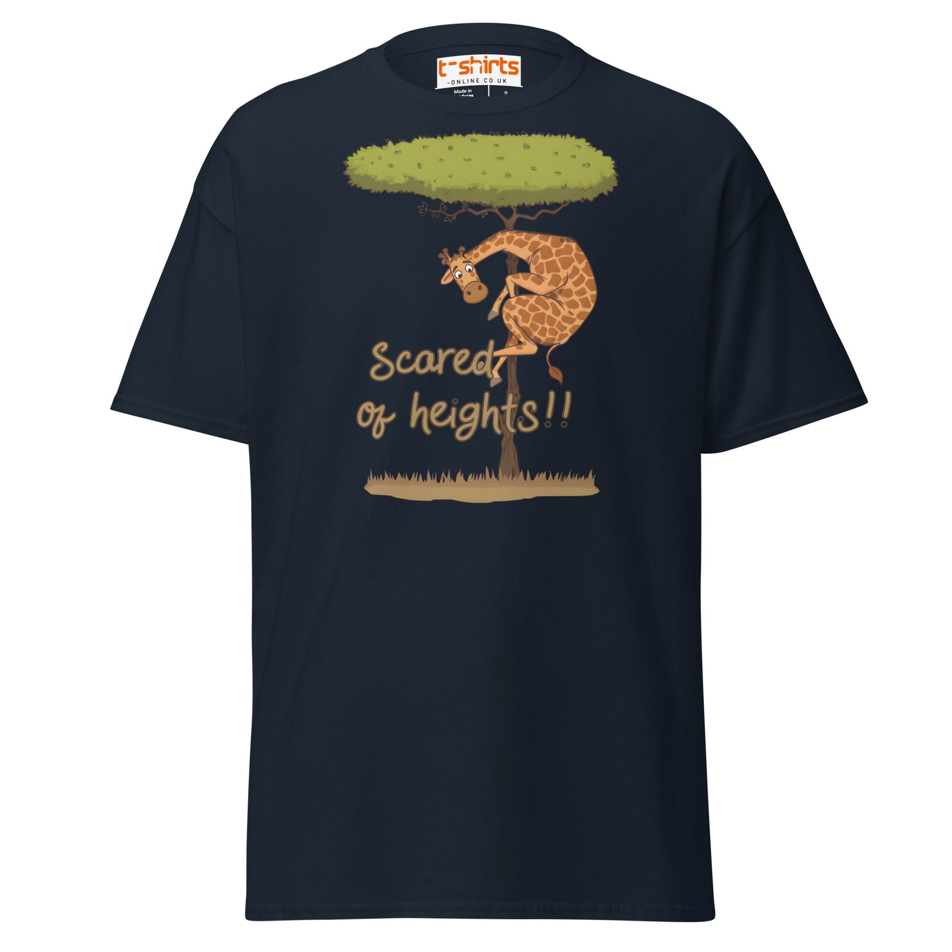 Scared of Heights Giraffe T-Shirt – Funny Animal Tee - Navy - T-Shirts Online