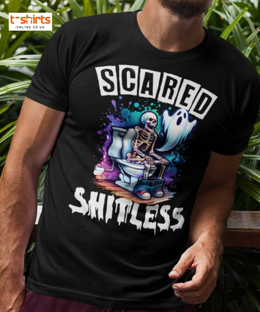Scared Shitless T-Shirt | Funny Skeleton Ghost Tee - Maroon - T-Shirts Online