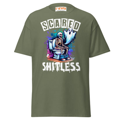 Scared Shitless T-Shirt | Funny Skeleton Ghost Tee - Military Green - T-Shirts Online