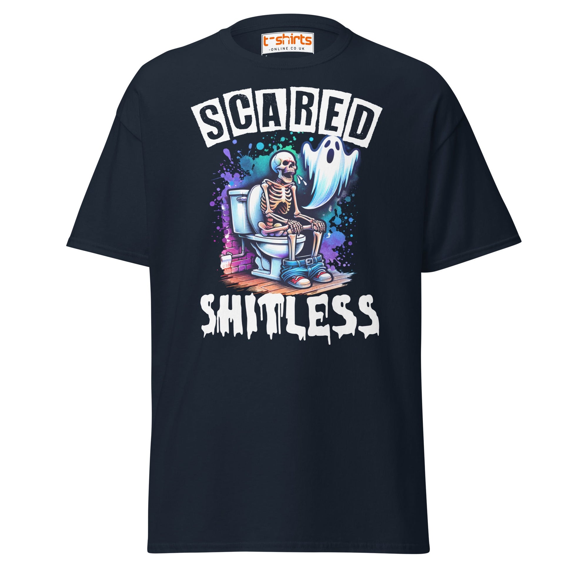 Scared Shitless T-Shirt | Funny Skeleton Ghost Tee - Navy - T-Shirts Online
