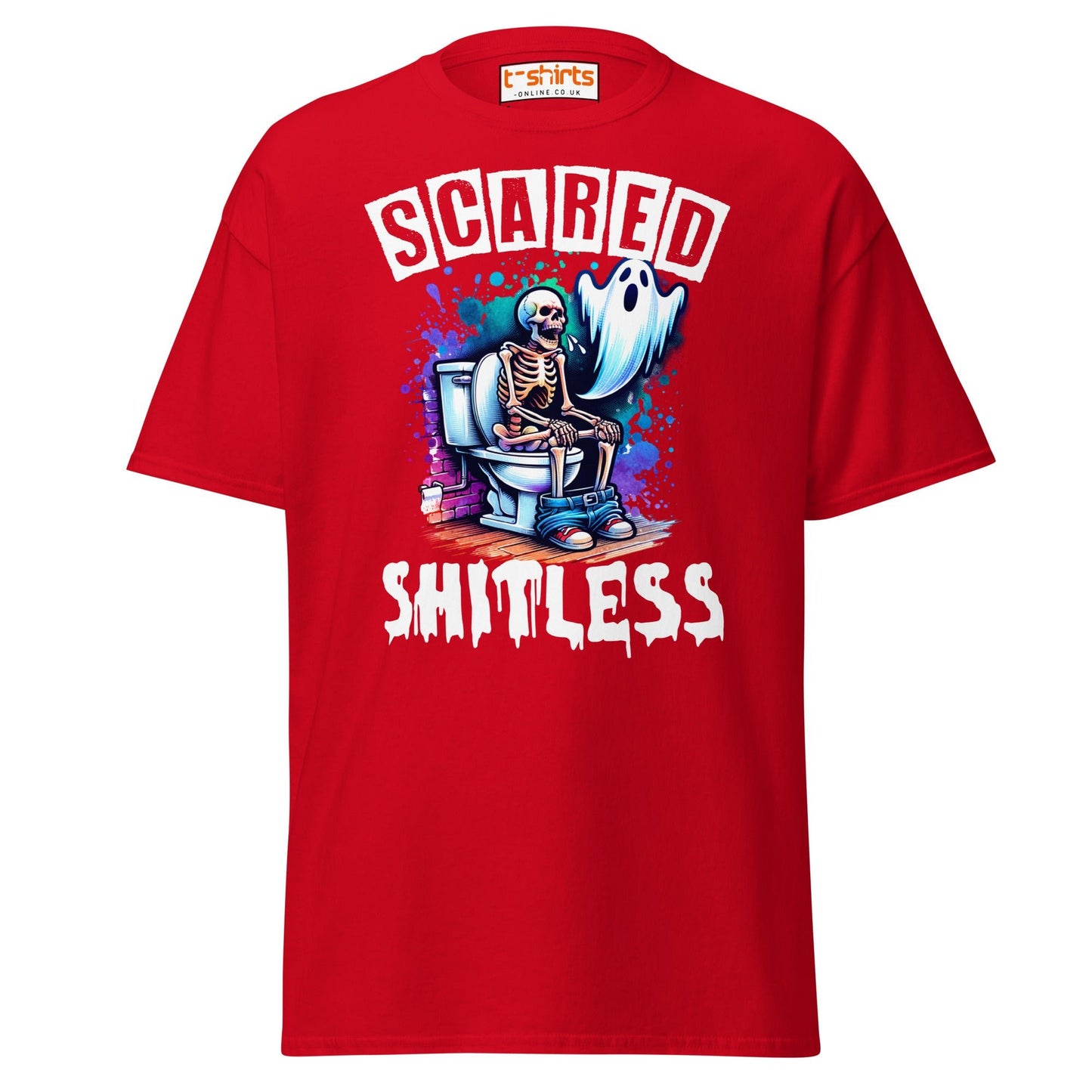 Scared Shitless T-Shirt | Funny Skeleton Ghost Tee - Red - T-Shirts Online