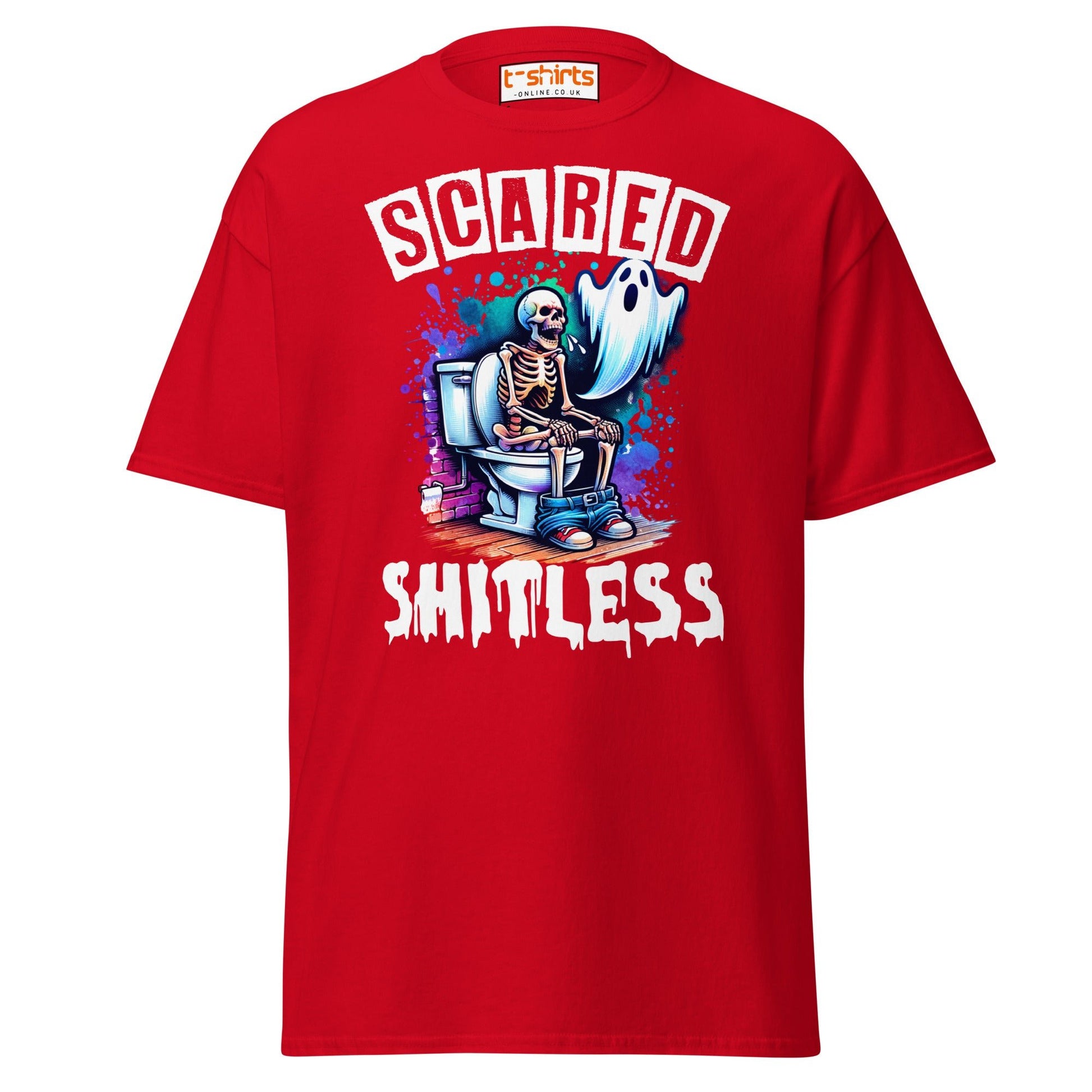 Scared Shitless T-Shirt | Funny Skeleton Ghost Tee - Red - T-Shirts Online