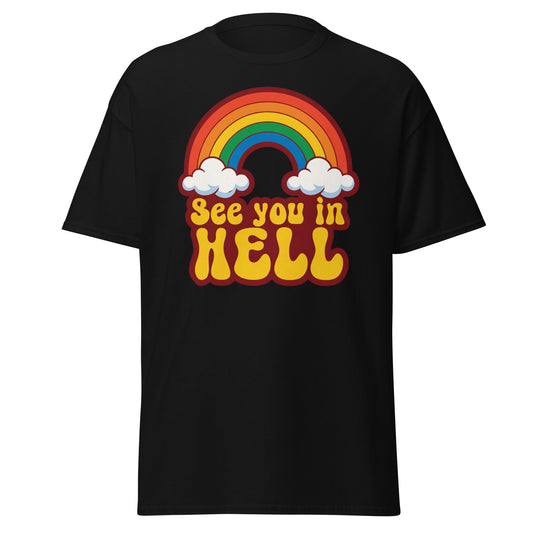 See You In Hell T-Shirt Retro Rainbow Graphic Tee - Black - T-Shirts Online