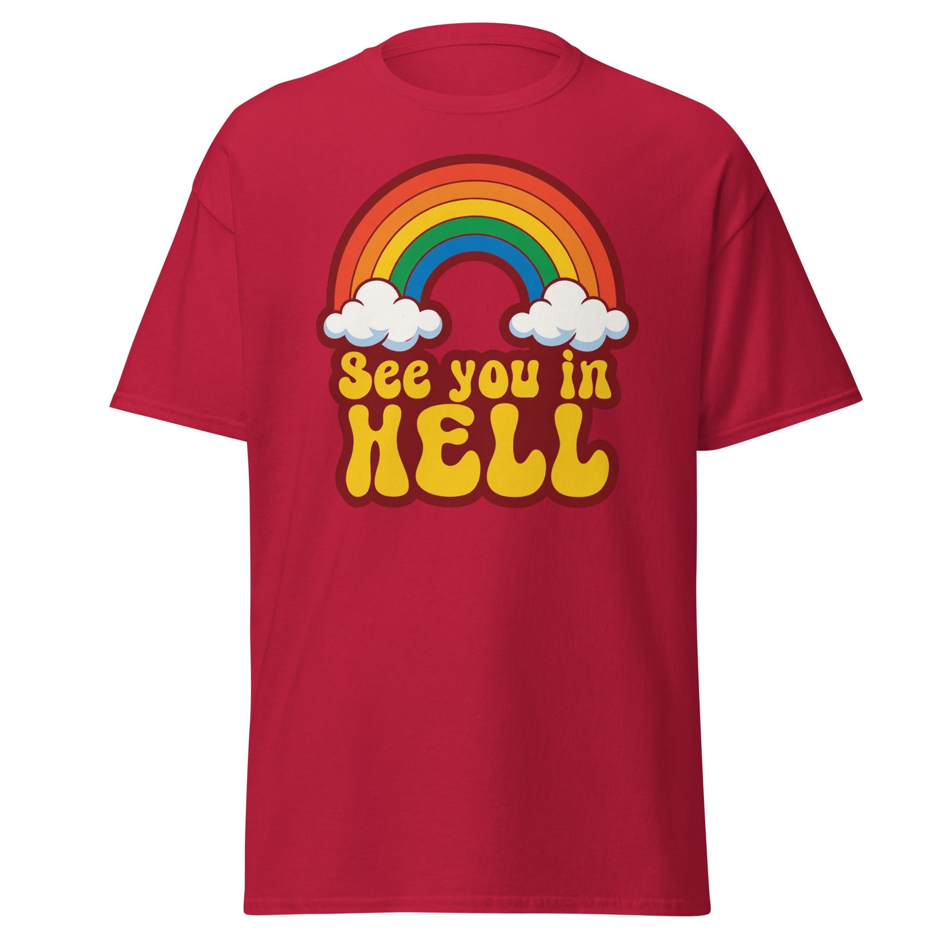 See You In Hell T-Shirt Retro Rainbow Graphic Tee - Cardinal - T-Shirts Online