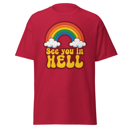 See You In Hell T-Shirt Retro Rainbow Graphic Tee - Cardinal - T-Shirts Online