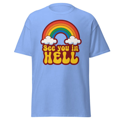 See You In Hell T-Shirt Retro Rainbow Graphic Tee - Carolina Blue - T-Shirts Online