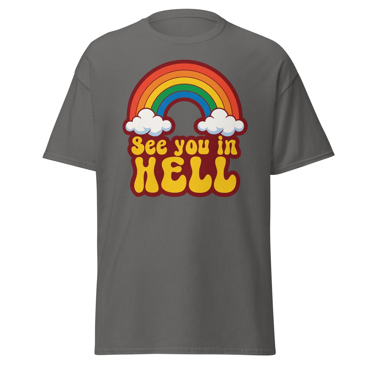 See You In Hell T-Shirt Retro Rainbow Graphic Tee - Charcoal - T-Shirts Online