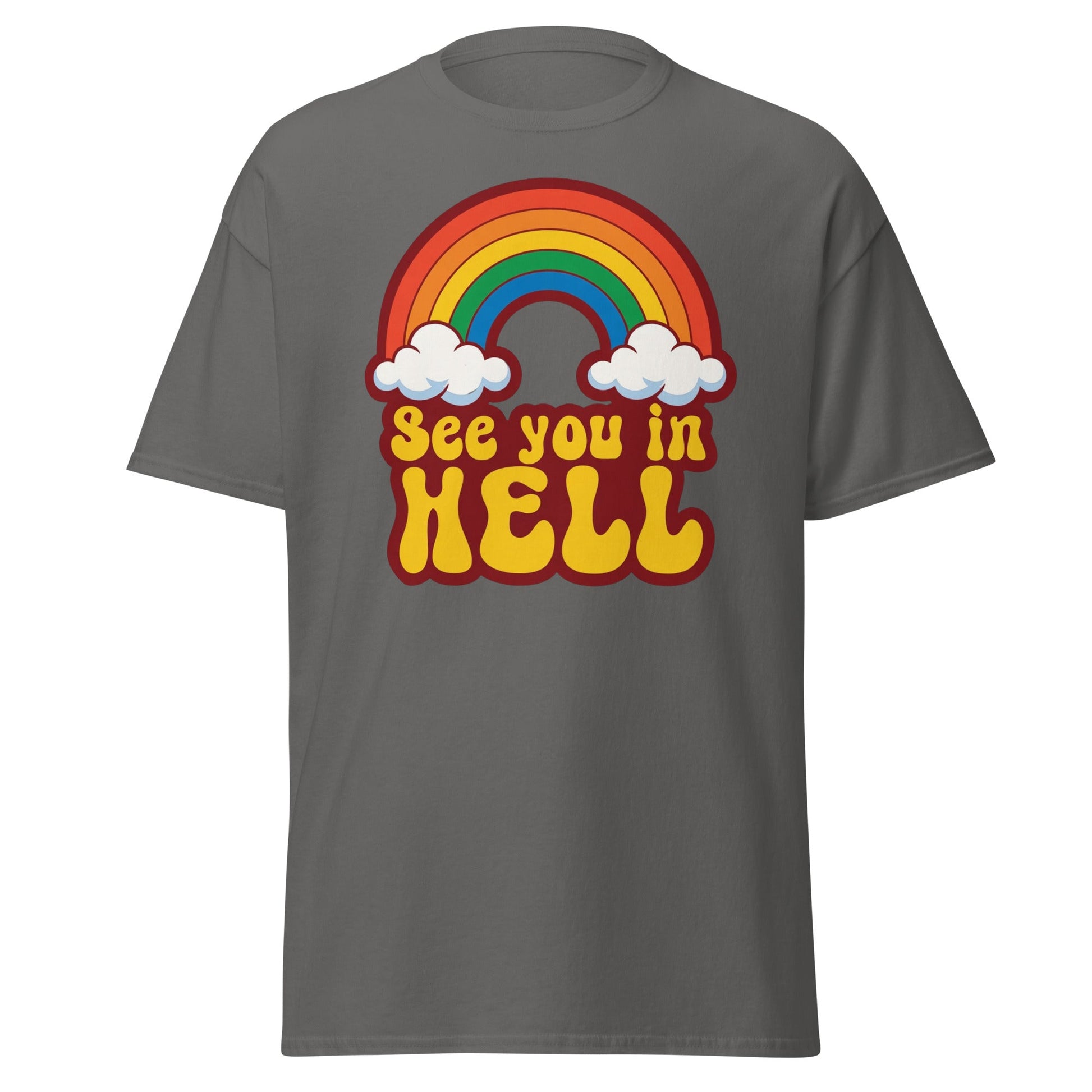 See You In Hell T-Shirt Retro Rainbow Graphic Tee - Charcoal - T-Shirts Online