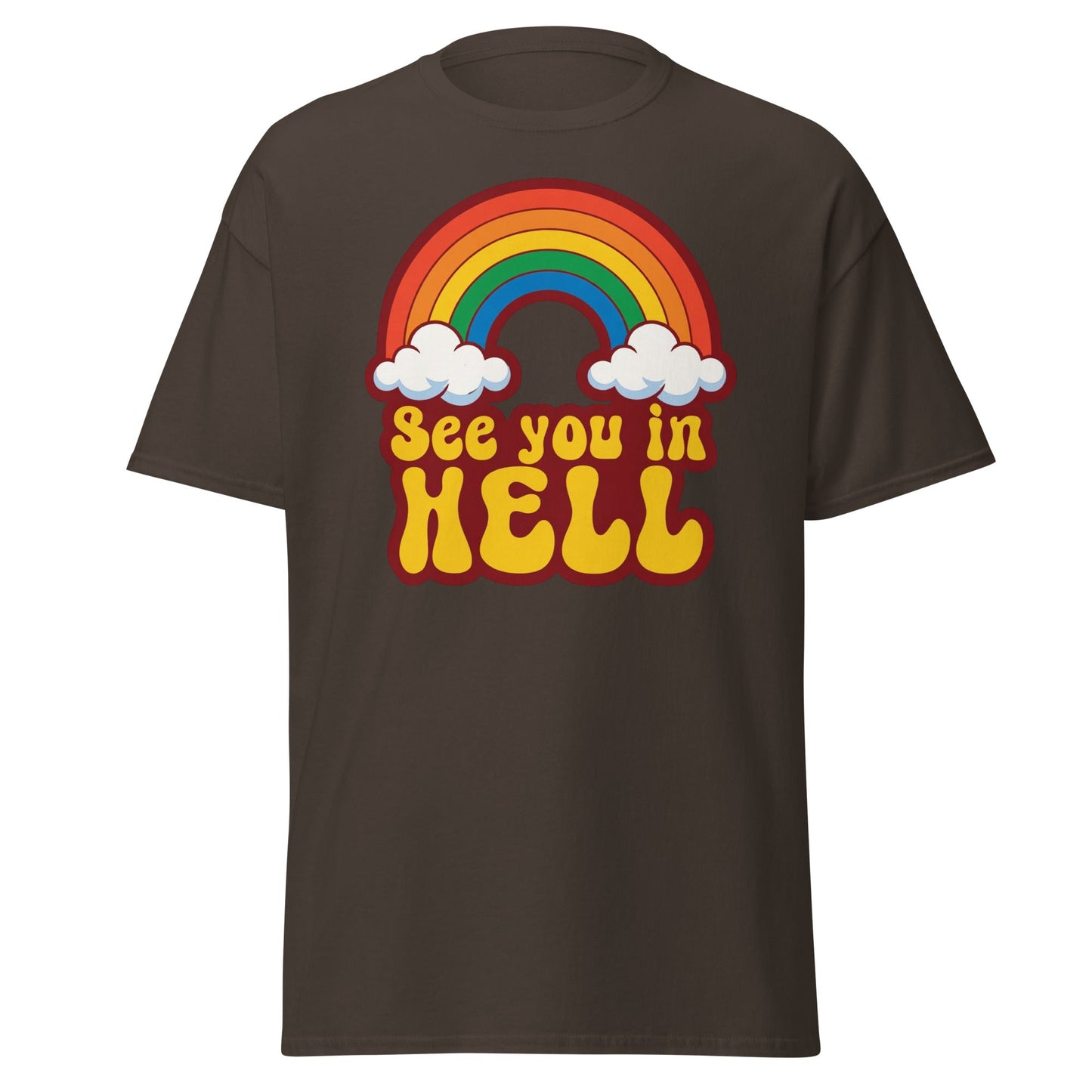 See You In Hell T-Shirt Retro Rainbow Graphic Tee - Dark Chocolate - T-Shirts Online