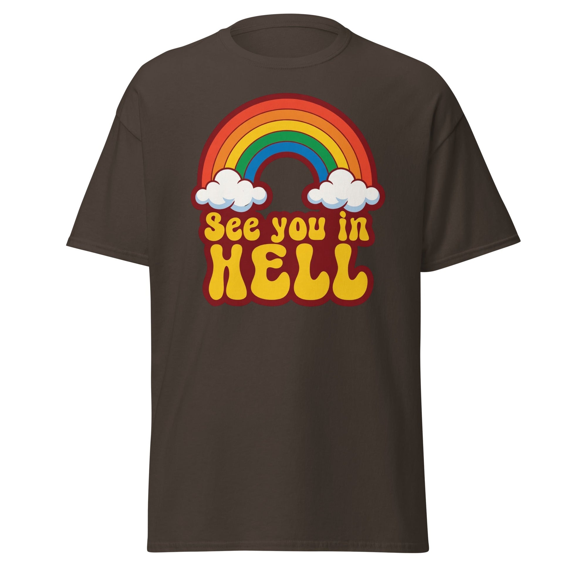 See You In Hell T-Shirt Retro Rainbow Graphic Tee - Dark Chocolate - T-Shirts Online