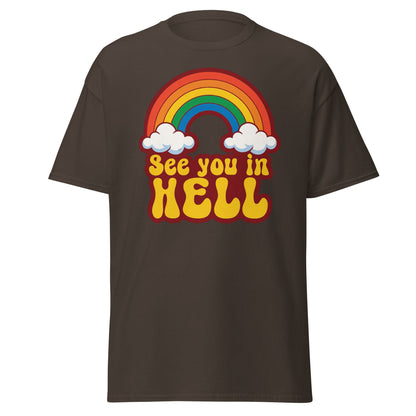 See You In Hell T-Shirt Retro Rainbow Graphic Tee - Dark Chocolate - T-Shirts Online