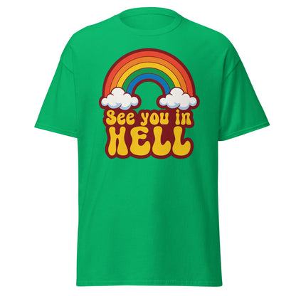 See You In Hell T-Shirt Retro Rainbow Graphic Tee - Irish Green - T-Shirts Online