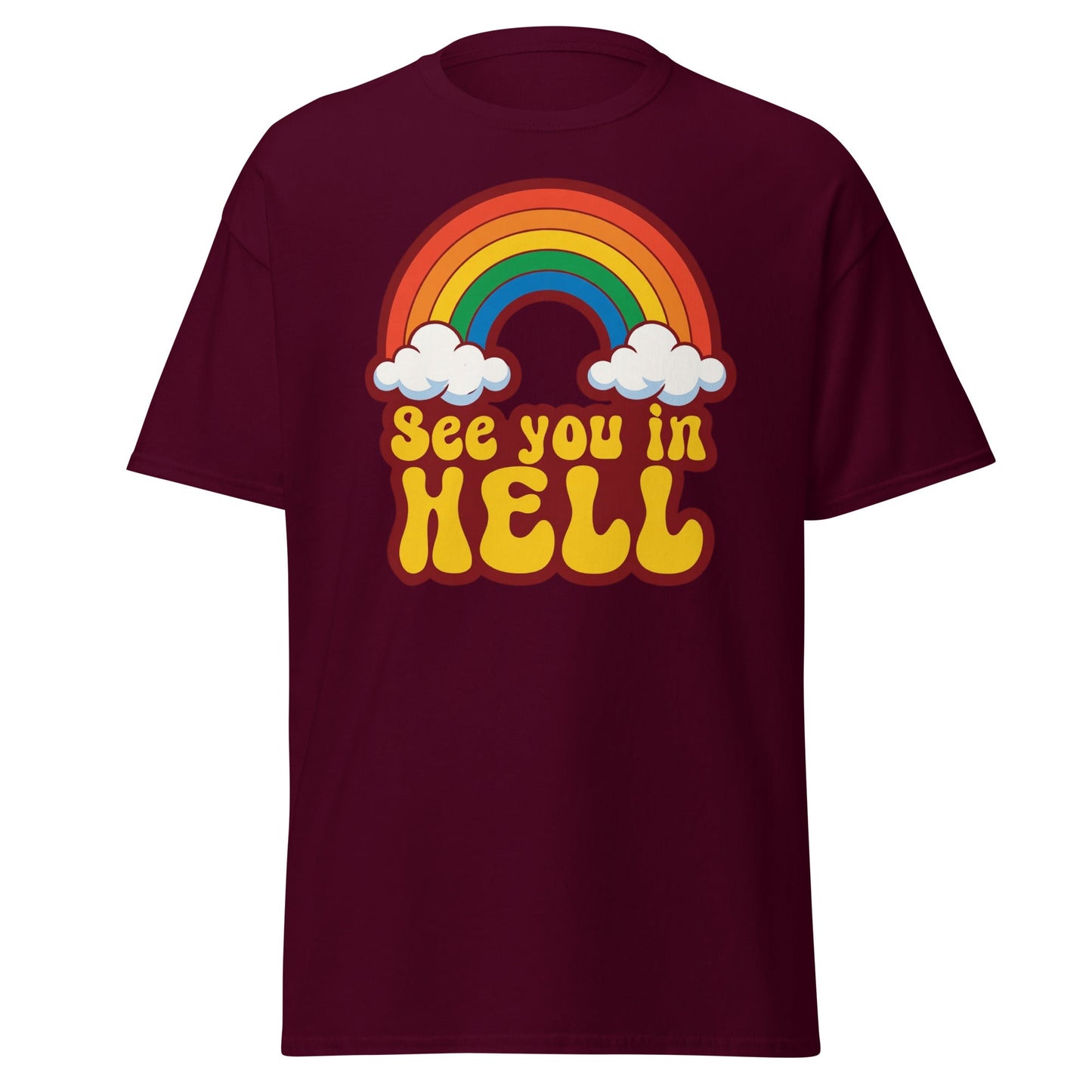See You In Hell T-Shirt Retro Rainbow Graphic Tee - Maroon - T-Shirts Online