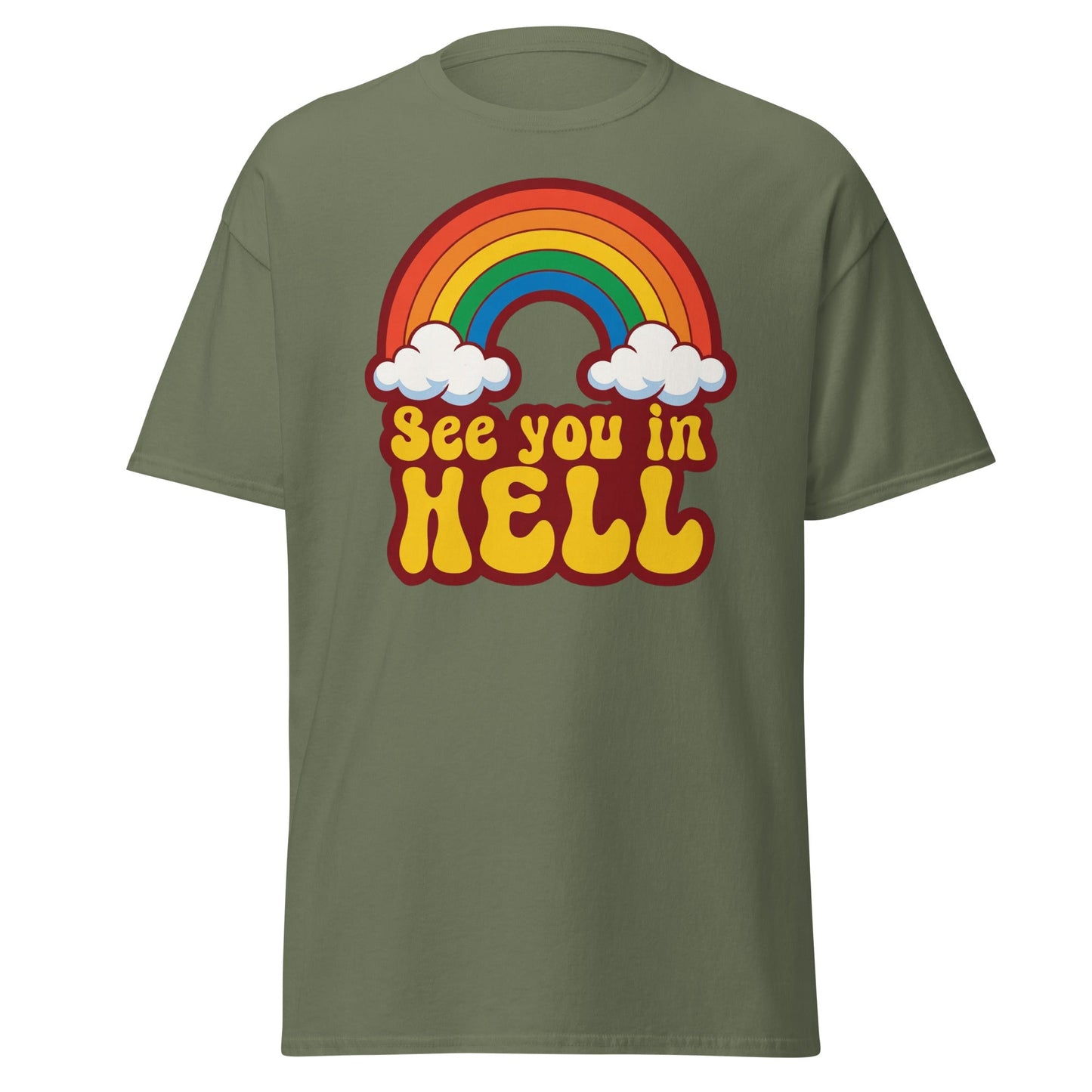 See You In Hell T-Shirt Retro Rainbow Graphic Tee - Military Green - T-Shirts Online