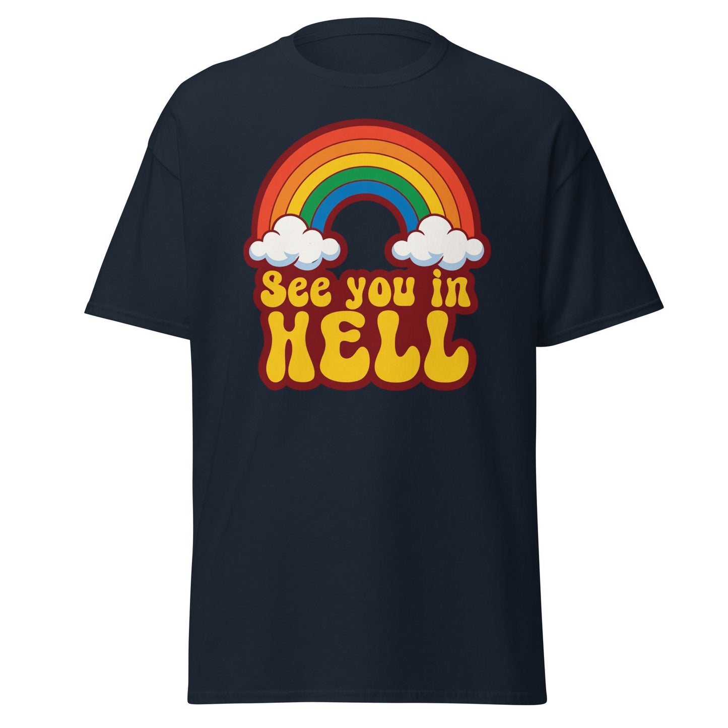See You In Hell T-Shirt Retro Rainbow Graphic Tee - Navy - T-Shirts Online