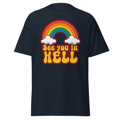 See You In Hell T-Shirt Retro Rainbow Graphic Tee - Navy - T-Shirts Online